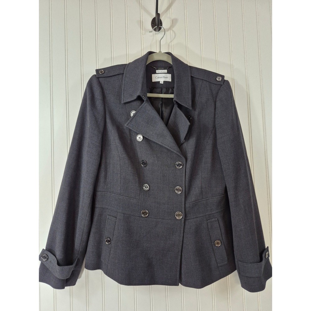 Calvin Klein Womens Charcoal Grey Double Breasted Military Peplum Blazer 14